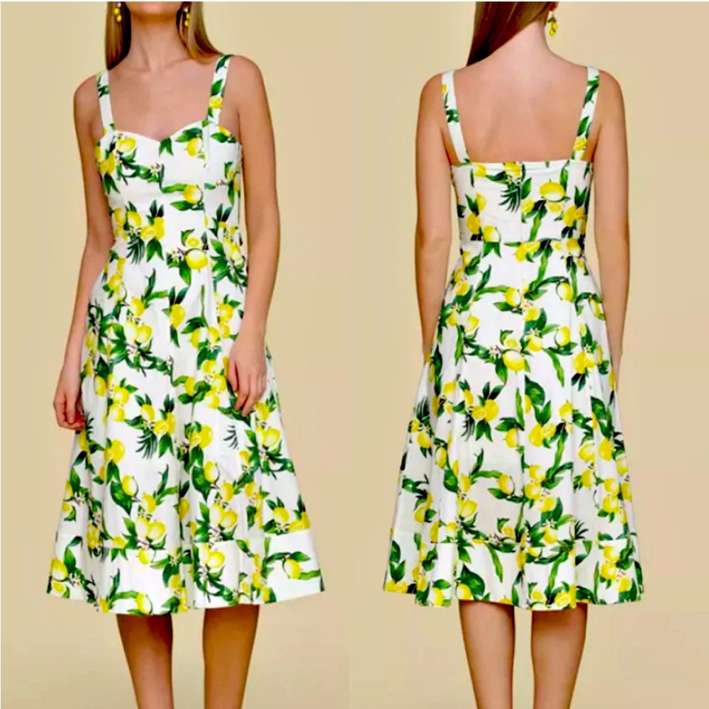 New Avec Les Filles Lemon Print Pockets Cotton-Blend Sweetheart Midi Dress - Picture 4 of 11
